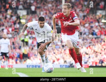 LONDON, ENGLAND - AUGUST 24, 2019: Michael Dawson of Forest (R) pictured during the 2019/20 EFL SkyBet Championship game between Fulham FC and Nottingham Forest FC at Craven Cottage. Stock Photo