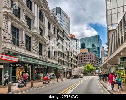 Historic Whitcoulls Building, 1908, Edwardian Classical style, modern office buildings at Lambton Quay, Downtown Wellington, North Island, New Zealand Stock Photo