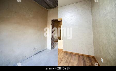 Room modernization, empty concrete area vs new empty rebuilt room with wood laminate, shiny beige wallpaper, reconstruction concept Stock Photo