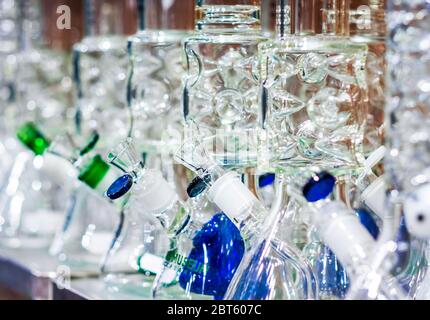 bongs with black spiral percolator on blurred background Stock Photo