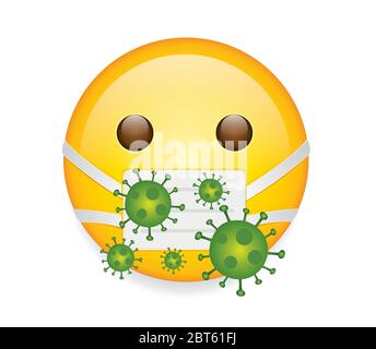 High quality emoticon on white background. emoji with open eyes.Face With Medical Mask  and virus emoji.Yellow face emoji with bacteria vector . Stock Vector
