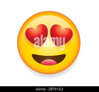 High quality emoticon smiling, love emoji isolated on white background. Yellow face emoji with red heart eyes and smile vector illustration. Stock Vector