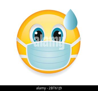 High quality emoticon on white background.Emoji with open eyes, sweat droplet and mask. Face With Medical Mask emoji vector illustration. Stock Vector