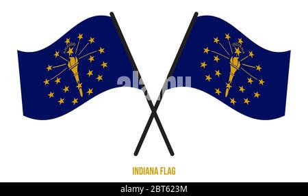Two Crossed Waving Indiana Flag On Isolated White Background. United States (USA) Flag Vector Illustration. Stock Vector