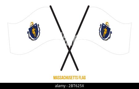 Two Crossed Waving Massachusetts Flag On Isolated White Background. United States (USA) Flag Vector Illustration. Stock Vector