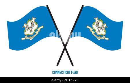 Two Crossed Waving Connecticut Flag On Isolated White Background. United States (USA) Flag Vector Illustration. Stock Vector