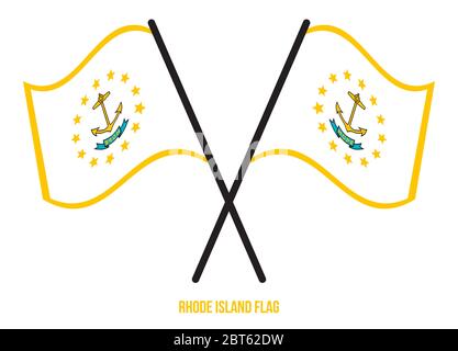 Two Crossed Waving Rhode Island Flag On Isolated White Background. United States (USA) Flag Vector Illustration. Stock Vector
