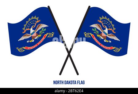 Two Crossed Waving North Dakota Flag On Isolated White Background. United States (USA) Flag Vector Illustration. Stock Vector