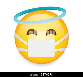 High quality emoticon on white background vector.Emoji Smiling Face With Halo and mask.Yellow smiley face  with mask, smiling, eyes, and blue halo. Stock Vector