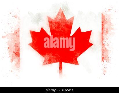 Illustration, flag of Canada with red maple isolated on white paper as watercolor Stock Photo