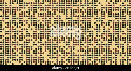 Brown, green, black circles on yellow background. Small circles  as particles evenly to each other. Bright colours. Background for posters, banners Stock Vector