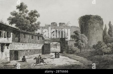 Ottoman Empire. Turkey. Triumphal gate of the ancient town of Adrianople (today Edirne). Turkey. Engraving by Lemaitre, Vormser and Cholet. Historia de Turquia, by Joseph Marie Jouannin (1783-1844) and Jules Van Gaver, 1840. Stock Photo