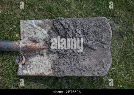 Mud covered rusty old metal spade lying on lawn high res Stock Photo
