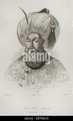 Murad III (1546-1595), Sultan of the Ottoman empire (1574 -1595). He was the eldest son of sultan Selim II (1566-1574). Portrait. Engraving by Lemaitre, Lalaisse and Lafon. Historia de Turquia by Joseph Marie Jouannin (1783-1844) y Jules Van Gaver, 1840. Stock Photo