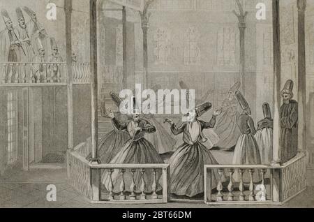 Ottoman Empire. Turkey. Whirling Derviches. Mevlevi Order. The whirling dervishes were founded by Jelaluddin Rumi (1207-1273). Engraving by Lemaitre, Vernier and Monnin. Historia de Turquia by Joseph Marie Jouannin (1783-1844) and Jules Van Gaver, 1840. Stock Photo