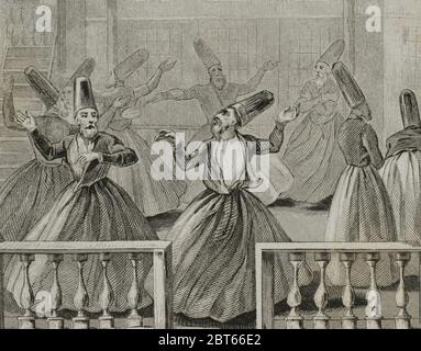 Ottoman Empire. Turkey. Whirling Derviches. Mevlevi Order. The whirling dervishes were founded by Jelaluddin Rumi (1207-1273). Engraving by Lemaitre, Vernier and Monnin. Historia de Turquia by Joseph Marie Jouannin (1783-1844) and Jules Van Gaver, 1840. Stock Photo