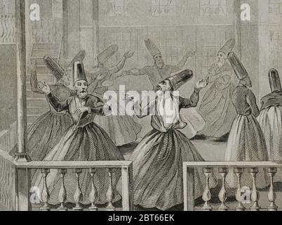 Ottoman Empire. Turkey. Whirling Derviches. Mevlevi Order. The whirling dervishes were founded by Jelaluddin Rumi (1207-1273). Engraving by Lemaitre, Vernier and Monnin. Historia de Turquia by Joseph Marie Jouannin (1783-1844) and Jules Van Gaver, 1840. Stock Photo