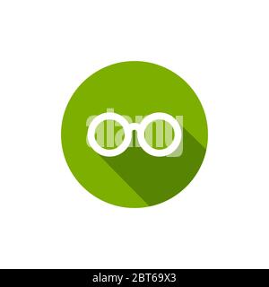 White flat round glasses with shadow in green circle icon. Isolated on white. Unisex student eyeglasses. Vector illustration. Simple bookworm pictogra Stock Vector