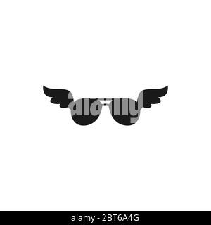 Black flat pilot sun glasses with wings icon. Isolated on white. Travel, adventure, inspiration eyeglasses. Vector illustration. Simple pictogram. Bla Stock Vector