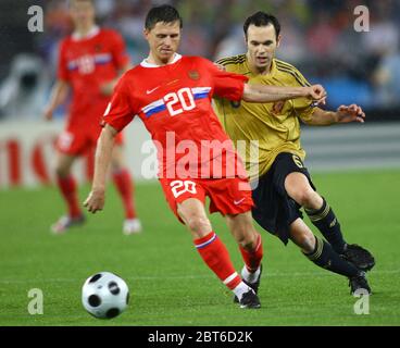 AUSTRIA, JUNE 26: L-R  Igor Semshov of Russia and Andres Iniesta of Spain during the UEFA EURO 2008 semi-final soccer match between Russia and Spain a Stock Photo