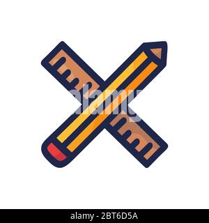 hand drawn crossed pencil and ruler cartoon vector illustration in doodle style isolated on white Stock Vector