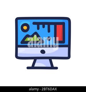 Computer screen in doodle style displaying art, statistics and analytics data in hand drawn sketch style. Unfilled line art Stock Vector
