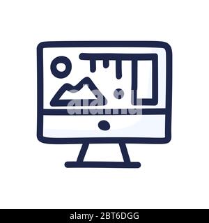 Computer screen in doodle style displaying art, statistics and analytics data in hand drawn sketch style. Unfilled line art Stock Vector