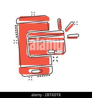 Smartphone paying icon in comic style. Nfc credit card cartoon vector illustration on white isolated background. Banking splash effect business concep Stock Vector