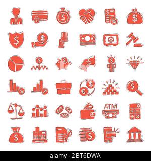 Business icon set in comic style. Finance investment cartoon vector illustration on white isolated background. Financial currency splash effect busine Stock Vector
