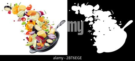 Different vegetables falling into frying pan on white background Stock Photo