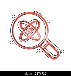 Science magnifier icon in comic style. Virus search cartoon vector illustration on white isolated background. Chemistry dna splash effect business con Stock Vector