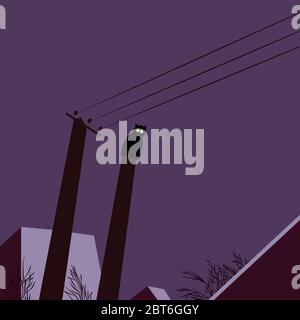Postcard with a cat on the background of the night sky and roofs of houses. Winter landscape. Happy Halloween. Good night. Dark background. Flat Stock Vector