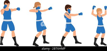 Boxing family, Man, woman, boy and girl are engaged in boxing. Father, mother, son and daughter are training together. Vector Illustration on a white Stock Vector