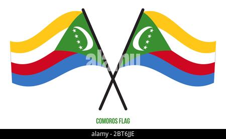 Two Crossed Waving Comoros Flag On Isolated White Background. Comoros Flag Vector Illustration. Stock Vector