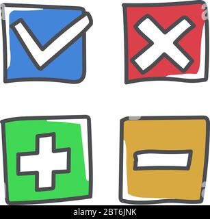 Plus, minus, checkmark and cross marks vector doodle illustration Stock Vector