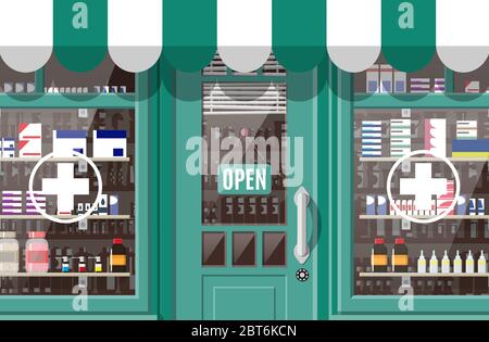 Pharmacy store front on city background. Vector illustration Stock