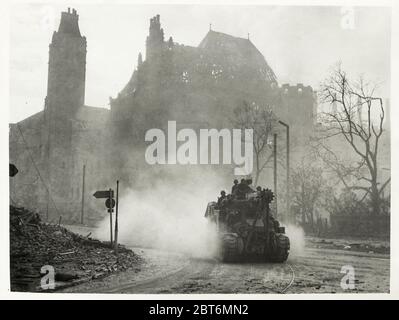 Vintage World War II photograph - tank of the 2nd Armoured division US 9th army in Magdeberg, Germany Stock Photo