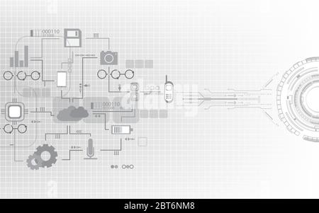 Digital communication network system computer design elements, Gray and white circle geometric technology abstract background. Stock Vector