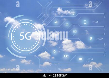 5G network with communication symbols on blue sky background. Stock Photo