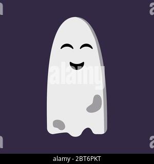 Cute funny ghost isolated on dark purple background. Halloween character with smiling face. Blank white sheet with holes. Element for poster, banner Stock Vector