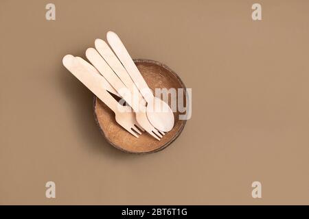 Biodegradable cutlery (spoon, forks, coconut bowl) on neutral brown background. Top view with copy space Stock Photo