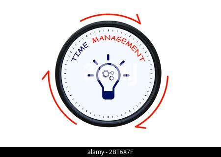 Time mangement in the clock with light bulb and gear inside. Time management concepts in the clock. Stock Photo