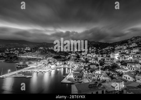 Fine art, black and white version of Evdilos, a port village in Ikaria island, Aegean sea, Greece, Europe Stock Photo