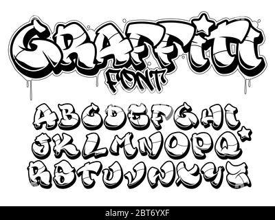 Vector font in old school graffiti style. Capital letters alphabet. Isolated black outline Stock Vector