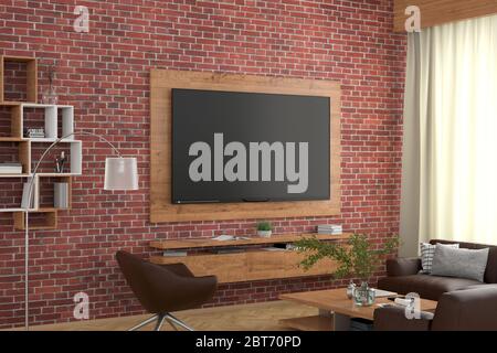 TV screen on the red brick wall  with wooden plate above the cabinet in modern living room with couch, armchair, coffee table, bookshelf, curtain. Cli Stock Photo