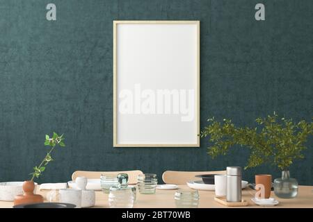 Vertical blank poster on turquoise wall in interior of modern dining room. Clipping path around poster Stock Photo