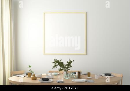 Square blank poster on white wall in interior of modern dining room. Clipping path around poster Stock Photo