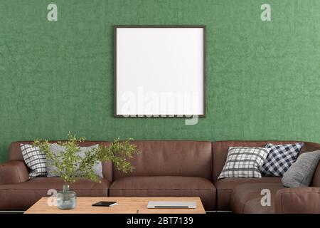 Blank square poster frame on green concrete wall in interior of living room with clipping path around poster Stock Photo