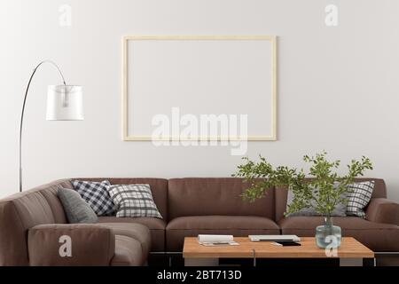 Blank horizontal poster frame on white wall in interior of living room with clipping path around poster Stock Photo