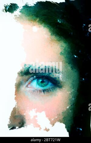 artistic detail of the face of a young woman, with paper transfer damaged, grunge effect Stock Photo